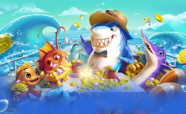 Tampilan permainan tembak ikan arcade dengan ikan berwarna-warni